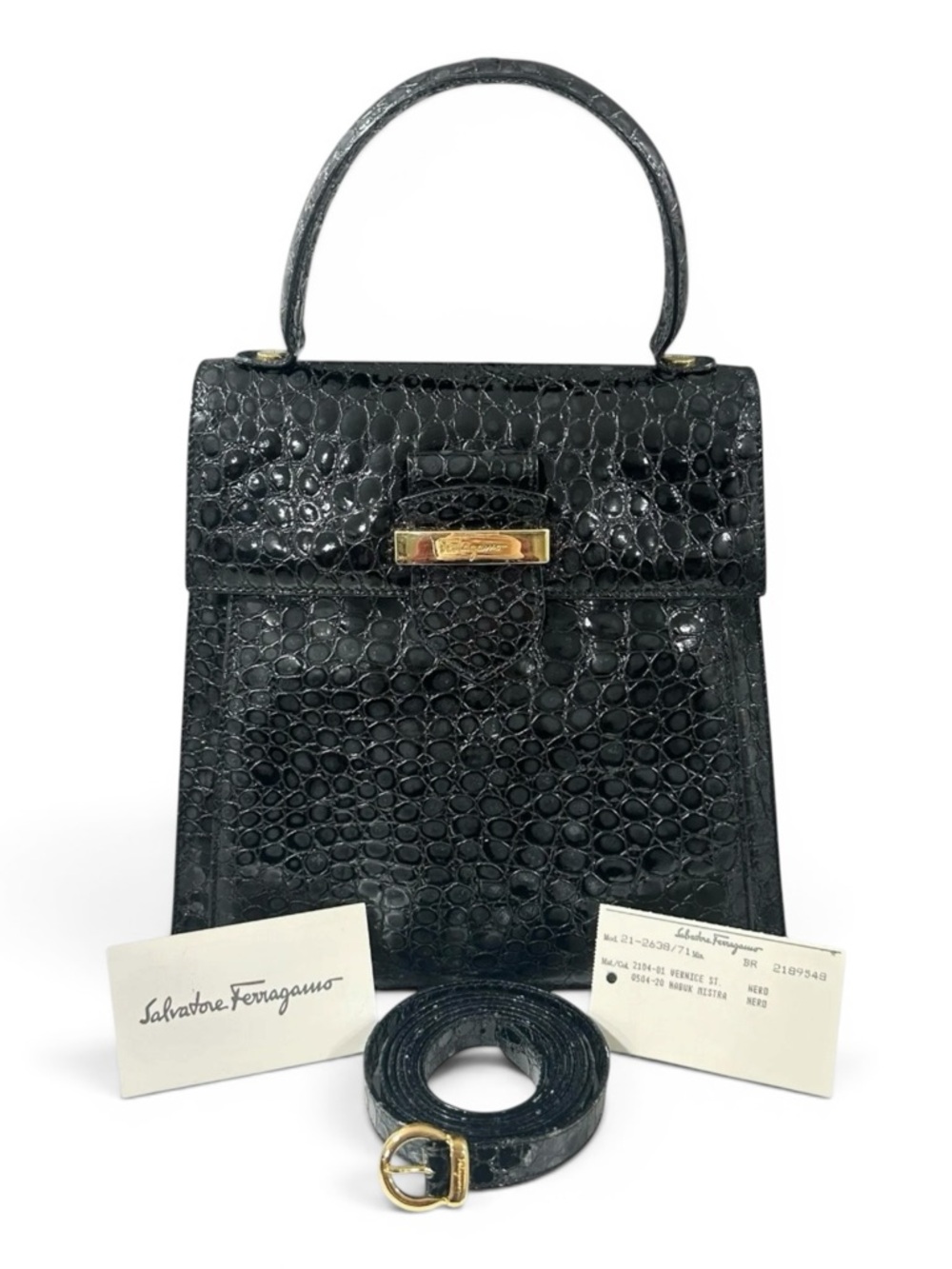 Salvatore Ferragamo Black Croc-Embossed Top Handle Bag with Gold Hardware